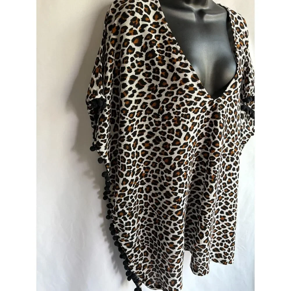 Xhilaration Leopard Cheetah Pom Pom Trim Kaftan Swim Cover Batwing Sleeve Size M